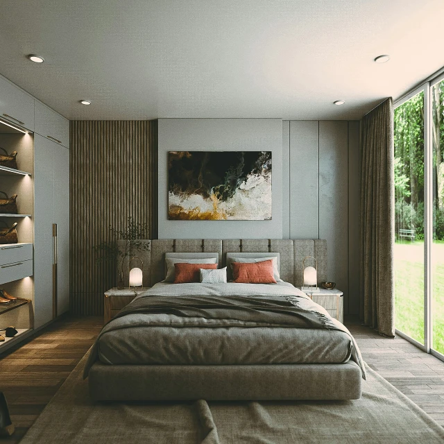 modern looking bedroom overlooking a beautiful yard