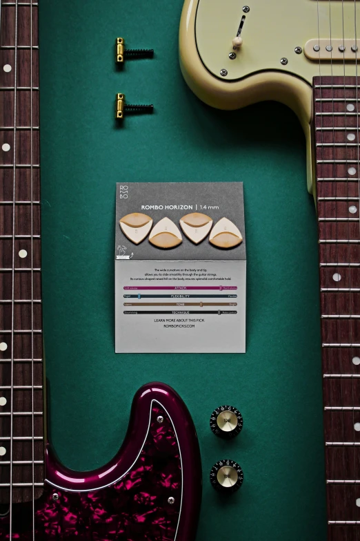 guitars, strings and parts arranged on green paper