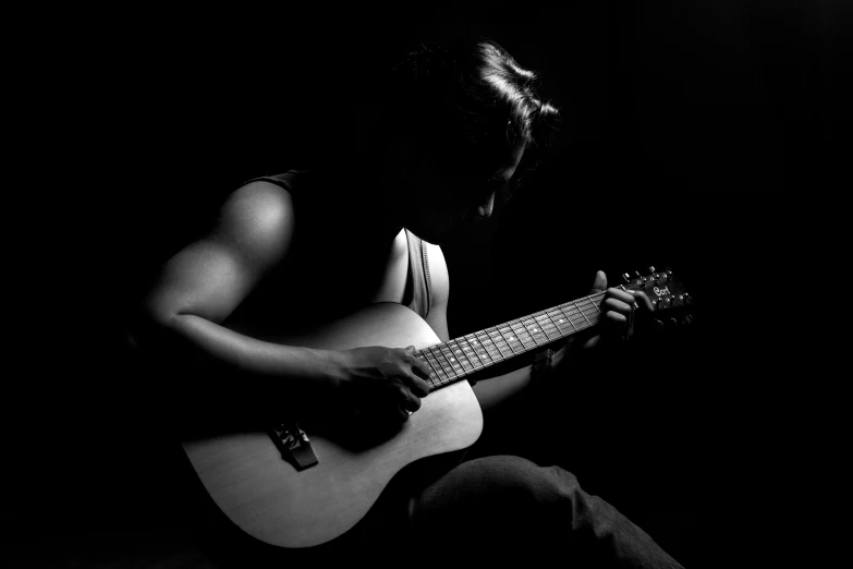 a black and white po of a person playing a guitar