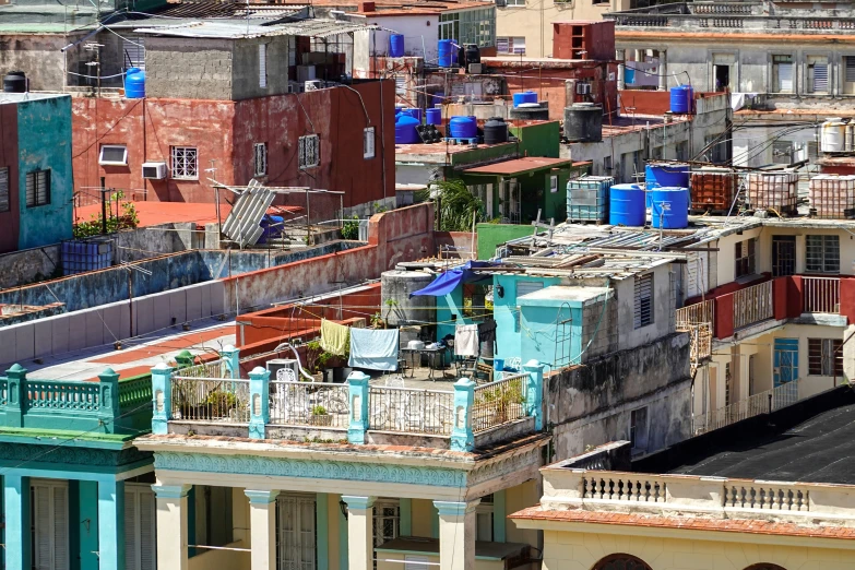 a very colorful city has buildings with balconies