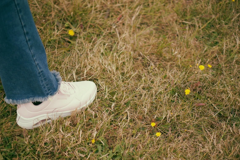 a pair of legs standing on top of a field