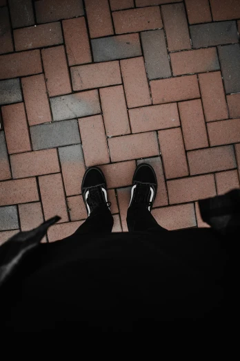 an elevated s of a person's feet wearing a pair of sneakers