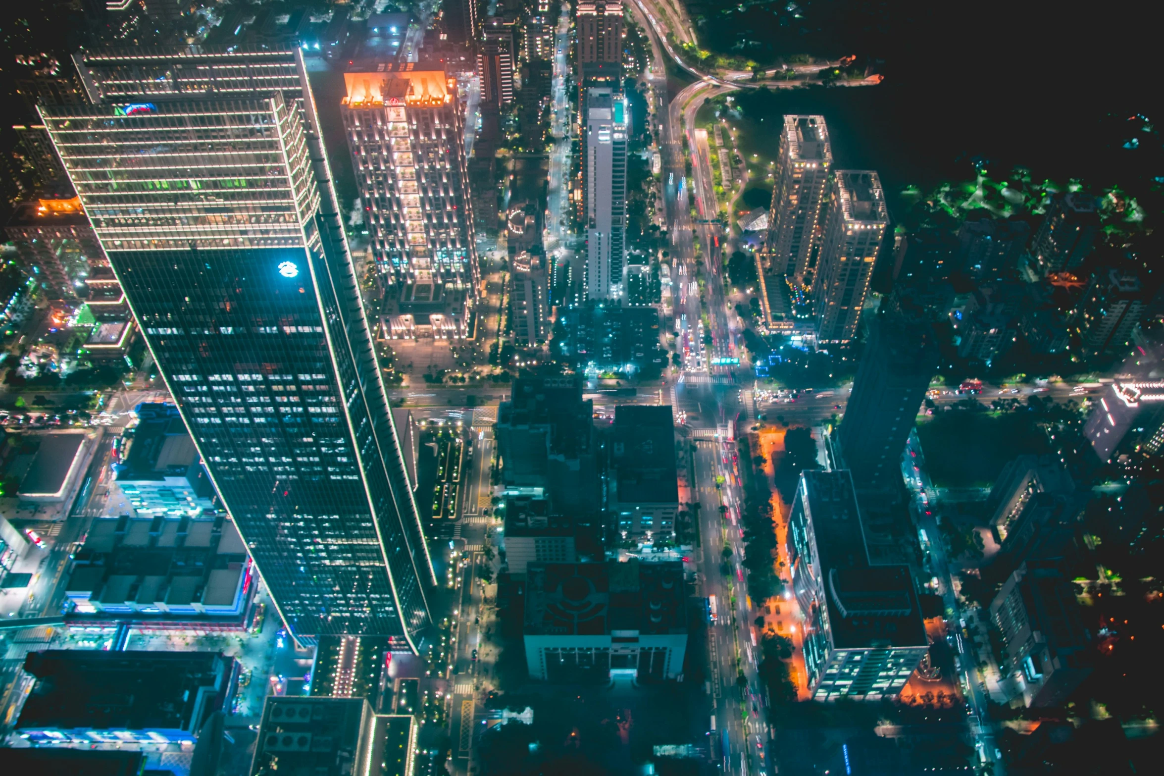 aerial view of city at night taken from high above