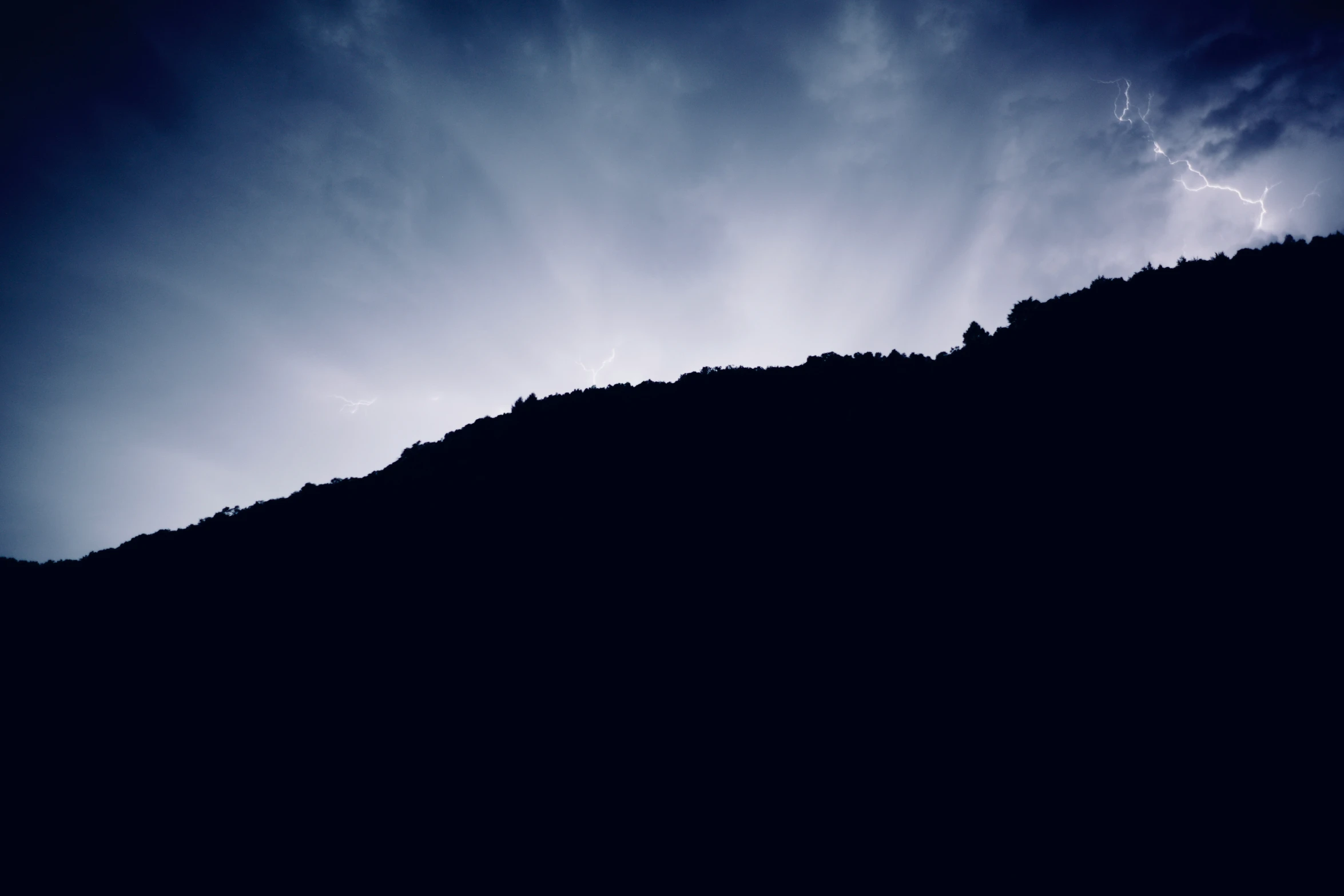 a lone bird flying over the tops of a hill