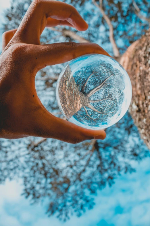 a person holding a glass ball in their left hand