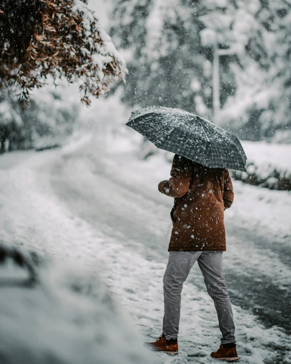 a woman walks through the snow with an umbrella