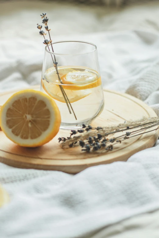 a drink on a wooden tray with slices of lemon and an orange