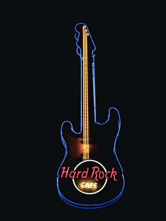 a guitar on the display outside of hard rock cafe