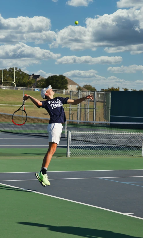 a man jumping in the air while holding a tennis racket