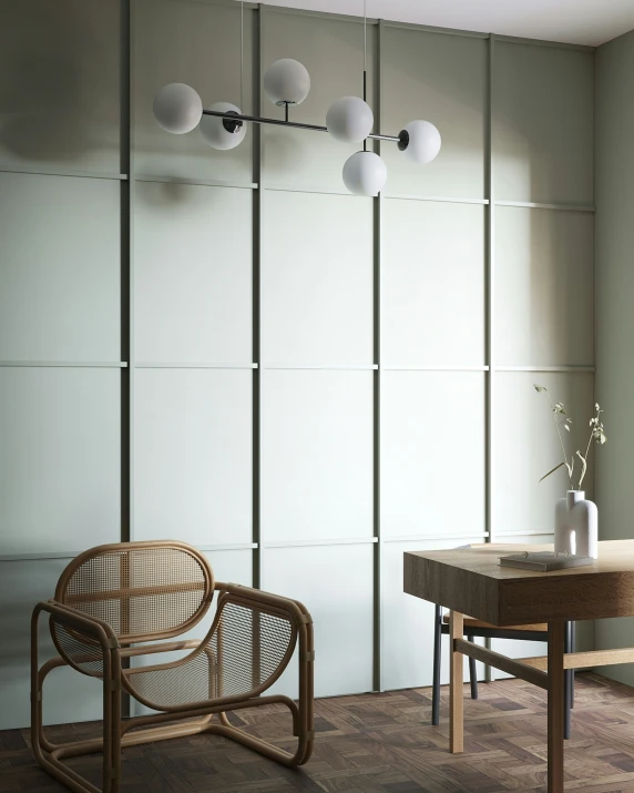 two wicker chairs near a wooden table and shelves with hanging lights