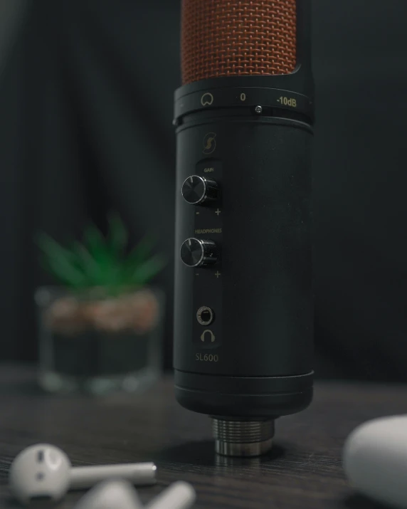 a microphone with a plant in a small vase behind it