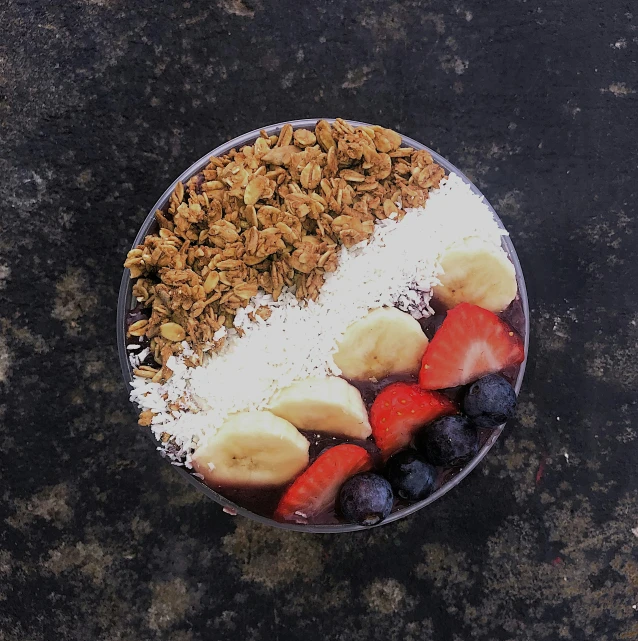 some granola, berries and banana slices in a bowl