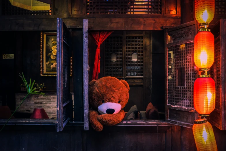 a teddy bear looking out a window at an outside space