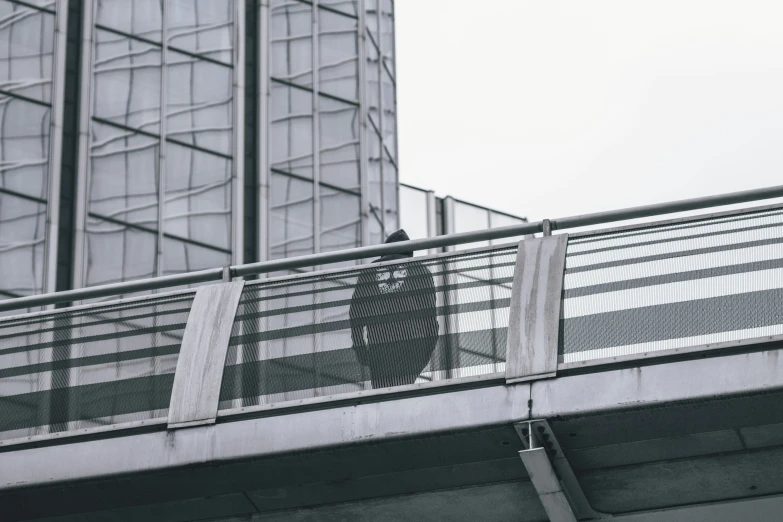 a bird is standing on the railing of a bridge