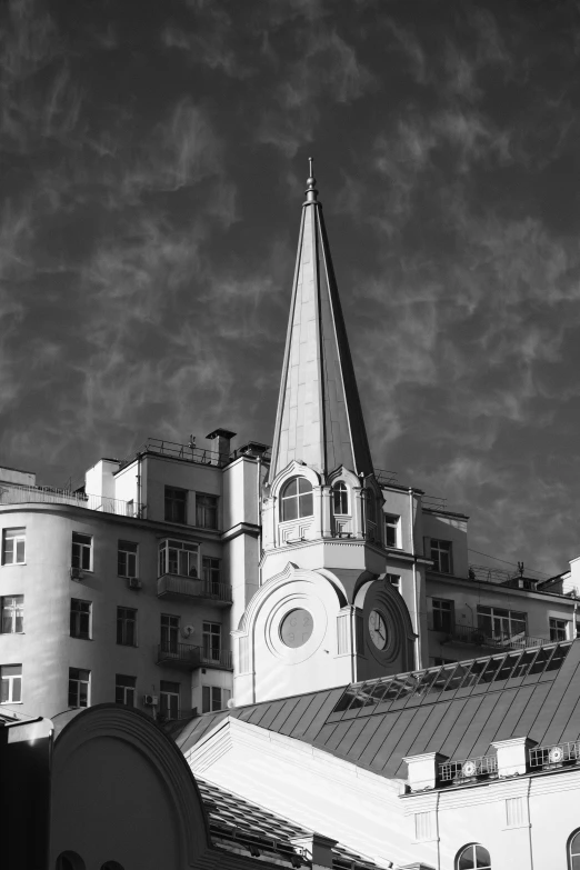 black and white po of an old church steeple