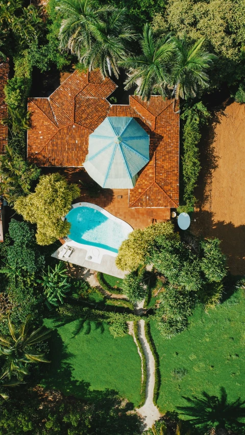 aerial view of an umbrella and pool in yard