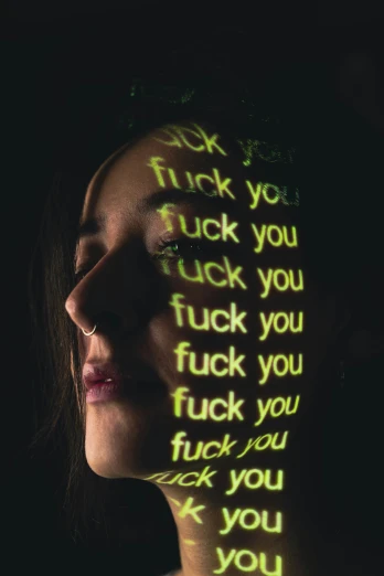 a woman with her face illuminated by the text flick you luck