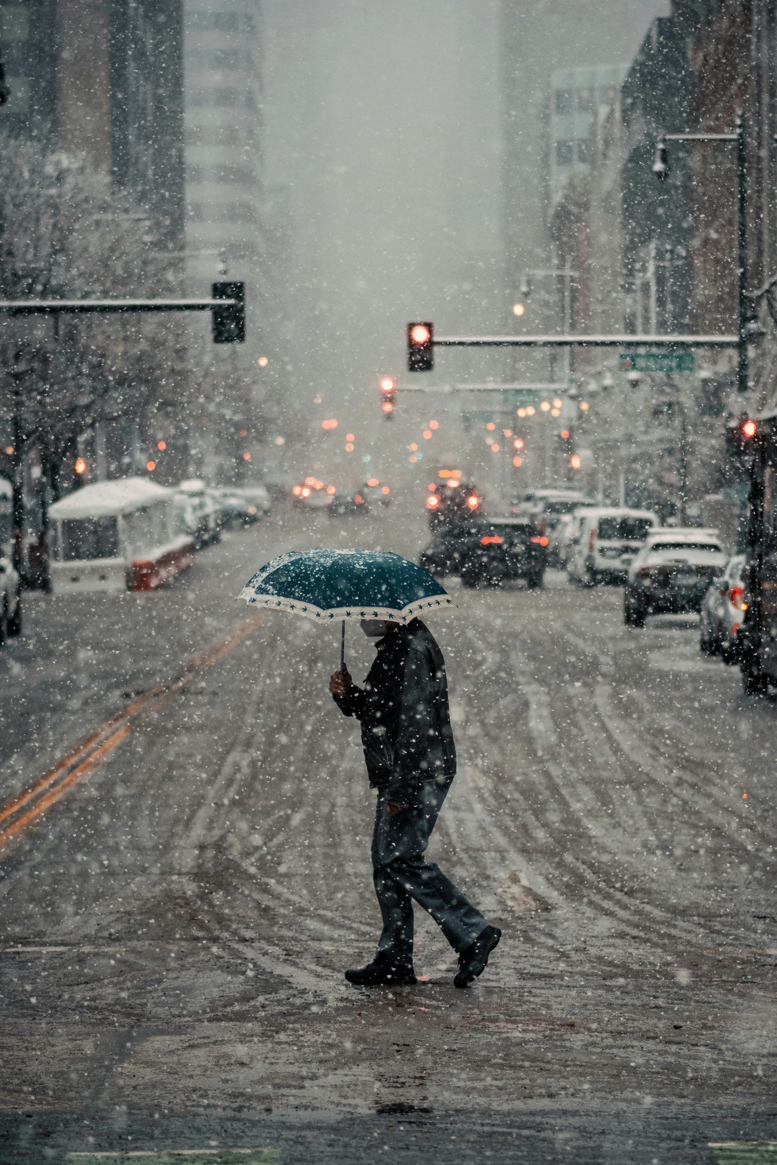 person walking on the sidewalk holding an umbrella during a heavy snowfall