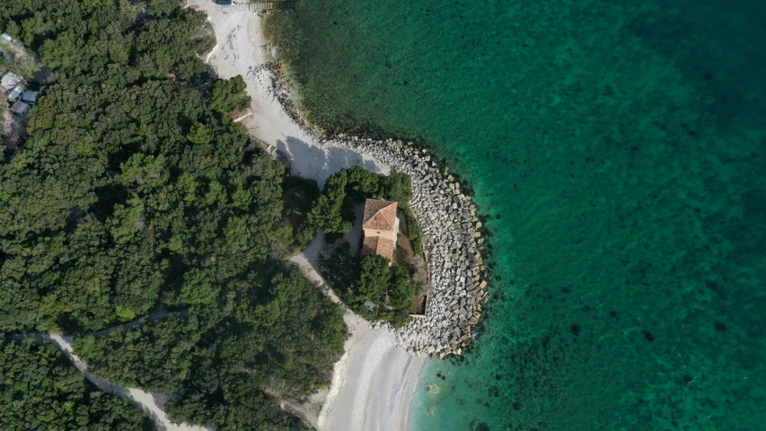 an aerial view of the beach and trees, water, and houses