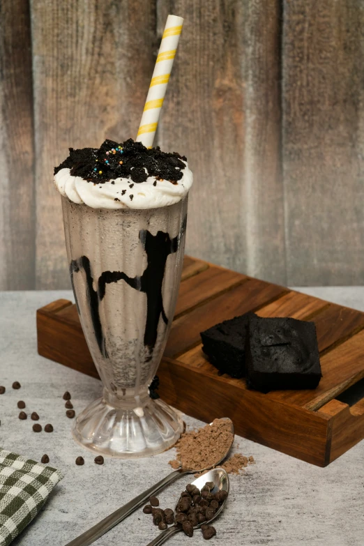 a drink in a glass filled with black lava on top of ice