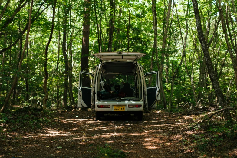 an rv parked in a wooded area near the woods