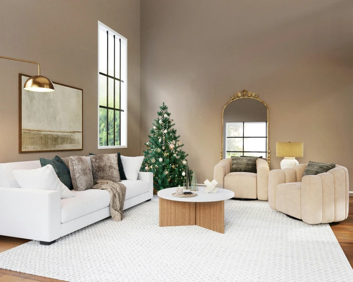 a white living room has two couches and a christmas tree