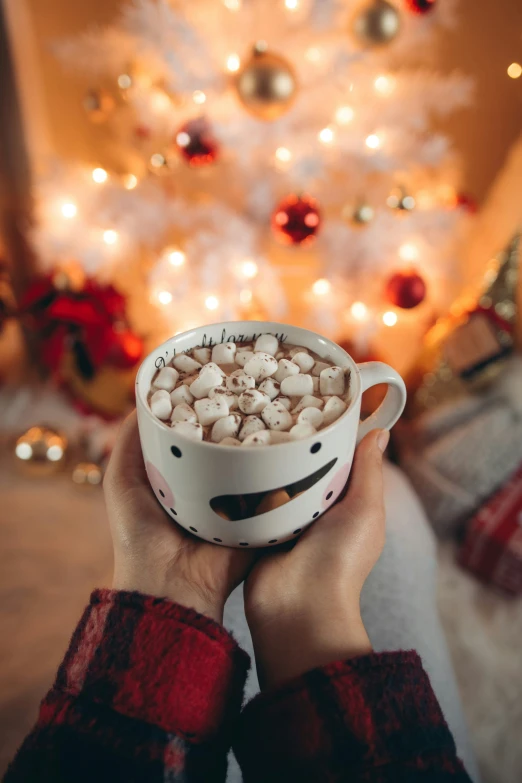 a person holds up a coffee mug of marshmallows