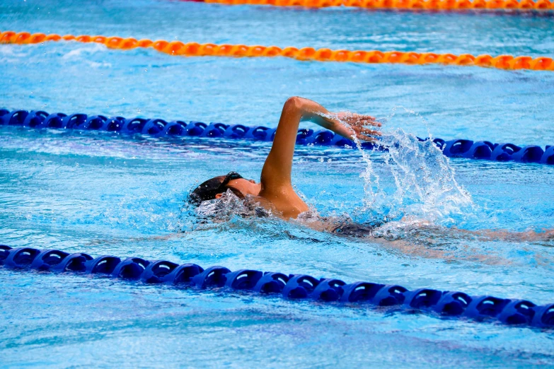 a woman swims in an olympic pool