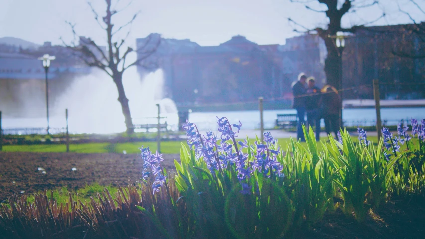 a man and woman are standing next to some flowers