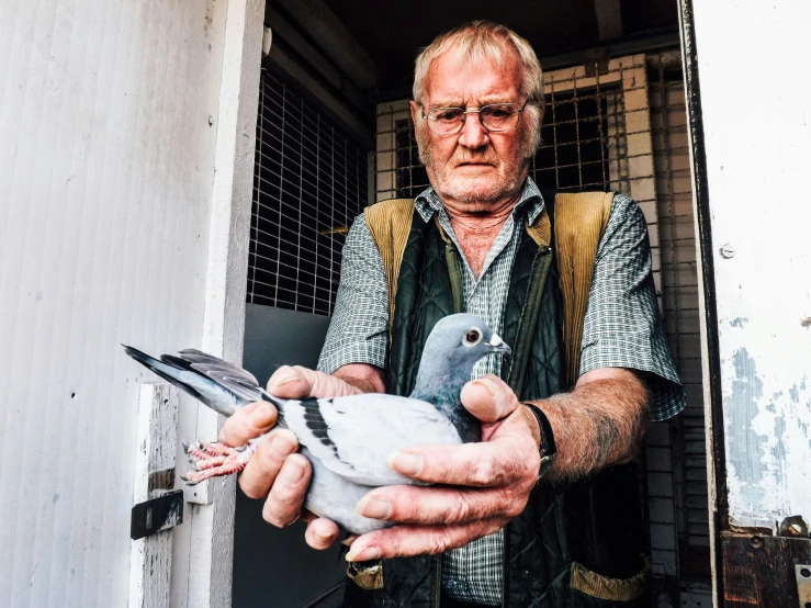 an old man holding a bird with a large beak