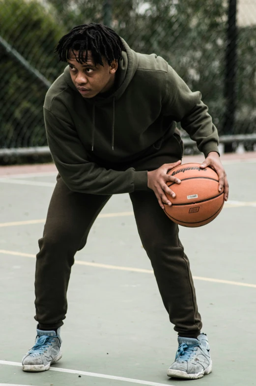 a man holding a basketball on a basketball court