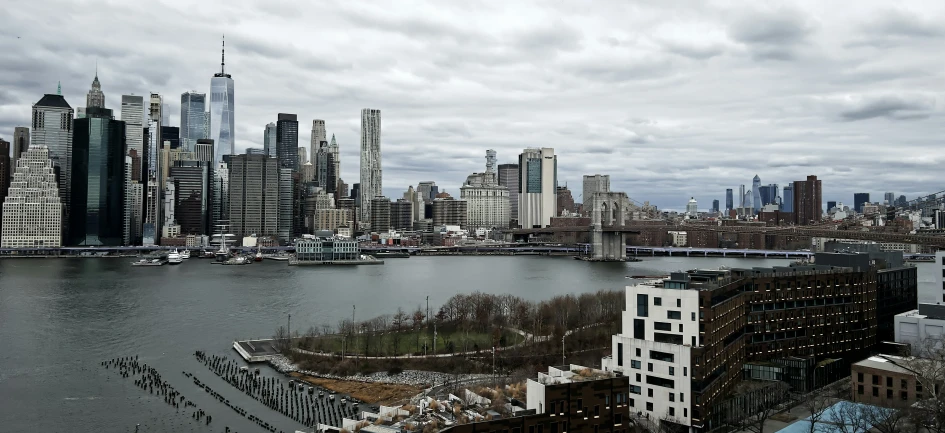 a harbor and several large buildings in a city