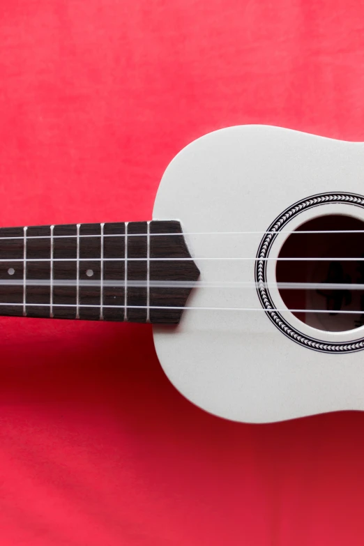 the neck of an ukulele on a red background