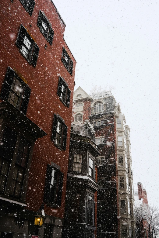 several buildings are in the background, and a snow is falling