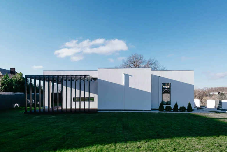 a building sits in the back yard of a house