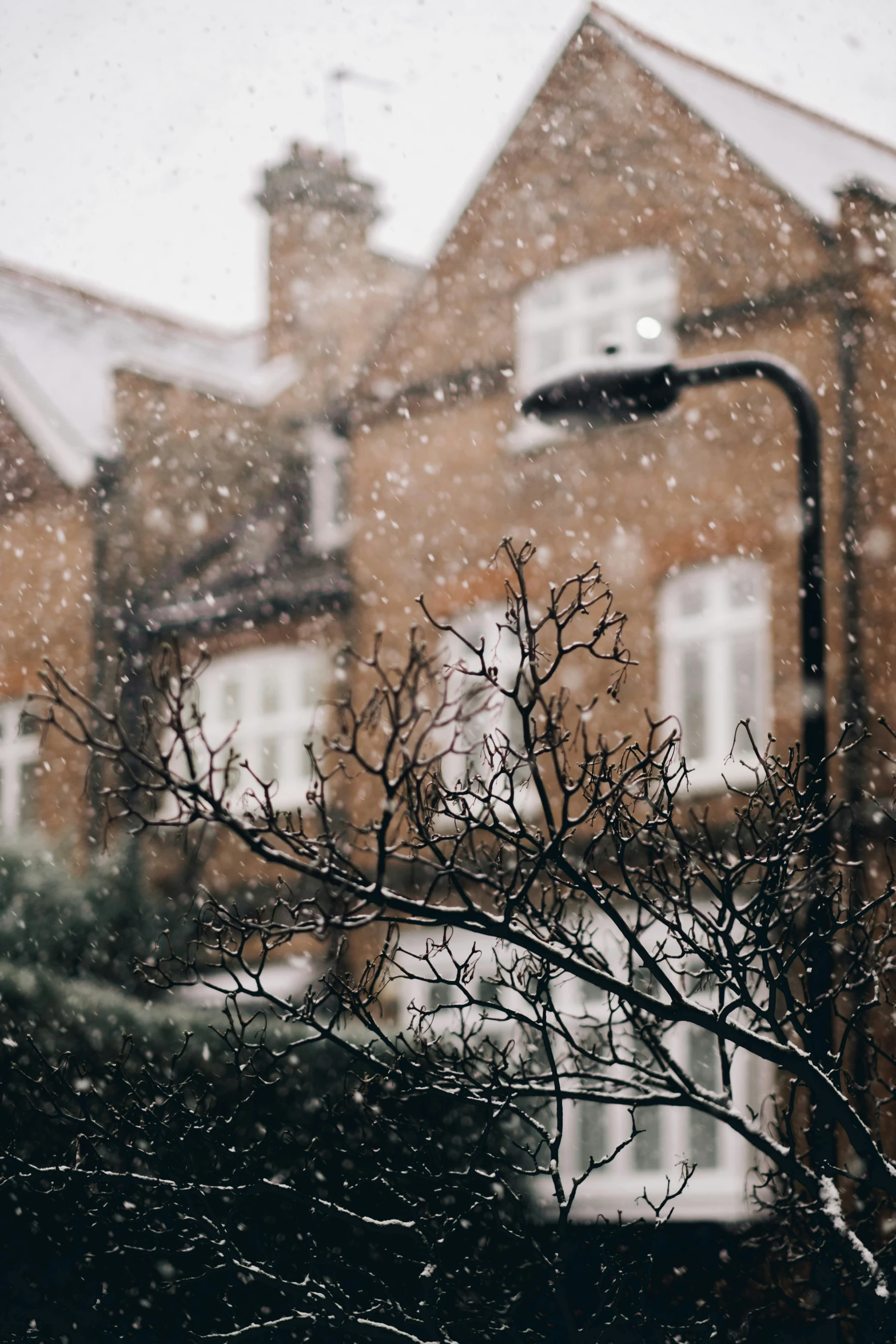 the view of a building through a snowstorm window