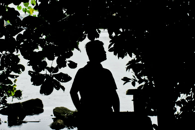 a man is standing under trees in the dark