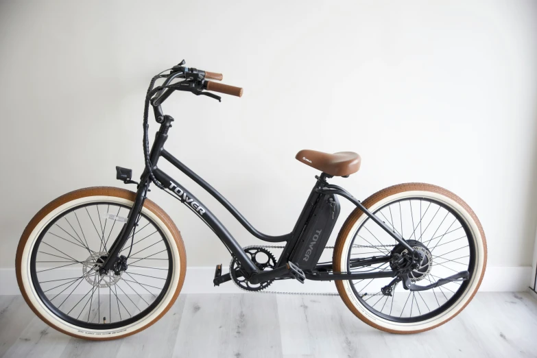 the city bike has a wooden seat on it