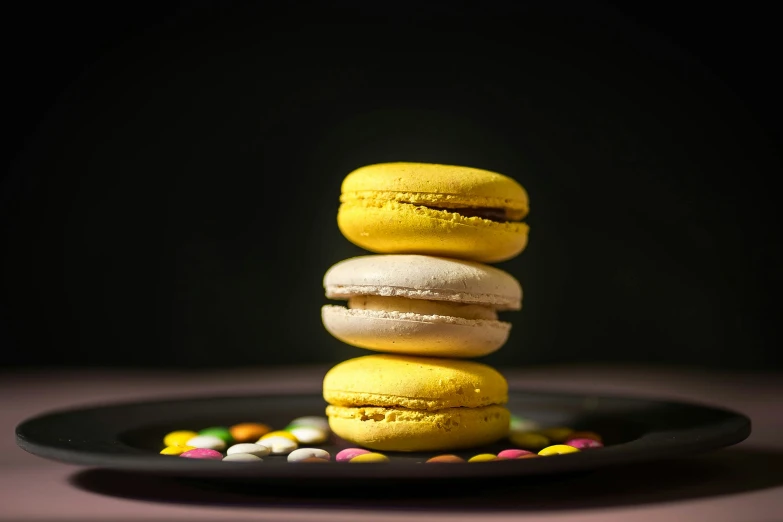 three macaroons sitting on top of a black plate with sprinkles
