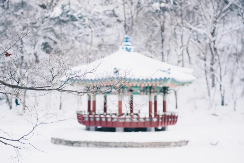 a park bench in the middle of the snow