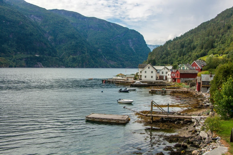 the dock at a small town sits on a water front