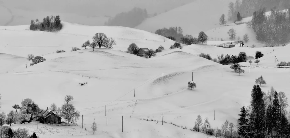 a black and white image of a snow covered mountain side