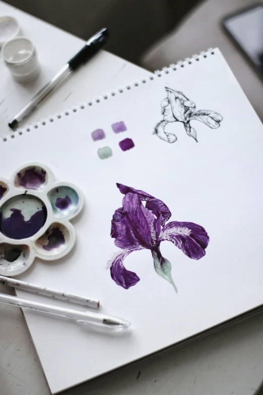 purple flowers are being painted on a sheet of paper