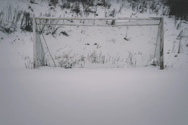 an old gate stands in the snow behind an overturned fence