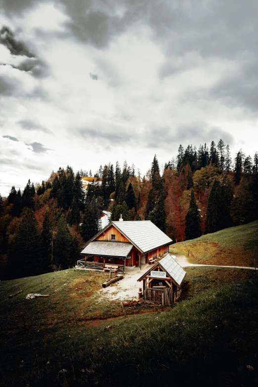 a house in the middle of a field surrounded by trees