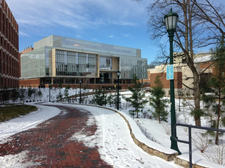 the buildings and street lamp are covered in snow