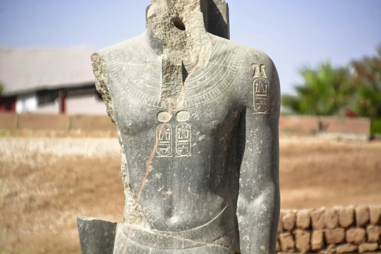 an egyptian statue in front of a building and brown and tan grass