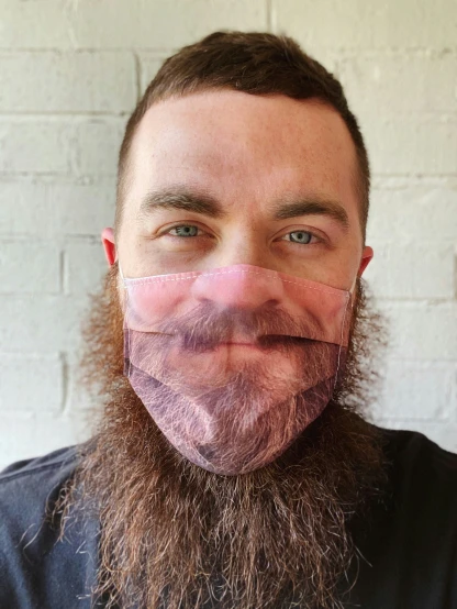 a man with a beard with the face taped up and taped into it's mouth
