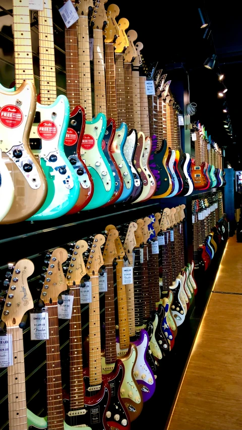 a large group of guitars hanging on a wall