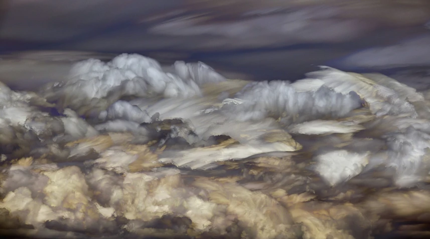 a painting of clouds and mountains on the ground